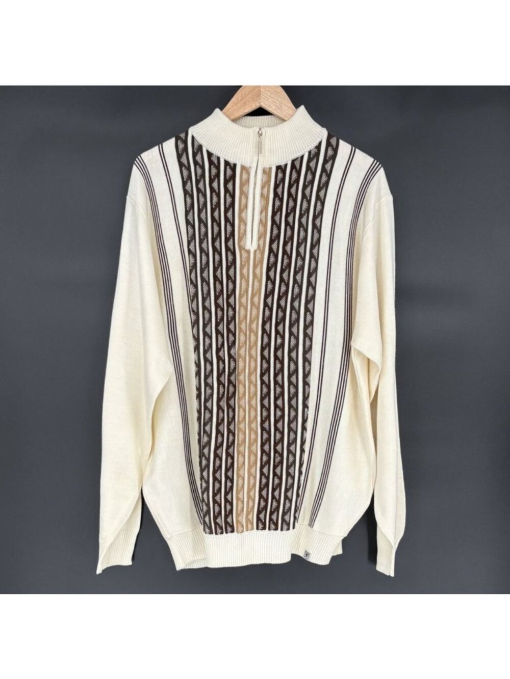 Stacy Adams Mens Quarter Zip Sweater XL Ivory Brown Geometric Knit Retro Golf